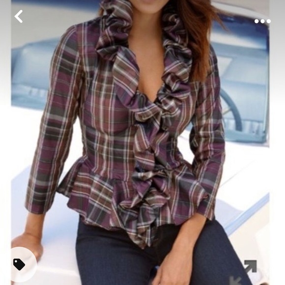 Boston Proper Tops - Boston Proper Purple Plaid Peplum Ruffle Blouse